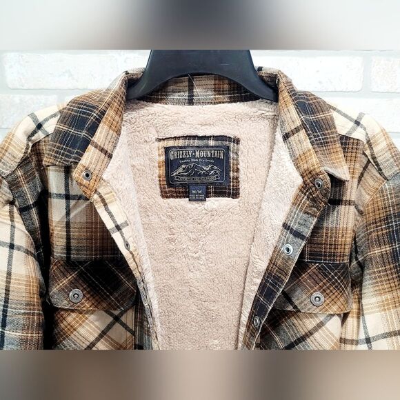 Grizzly Mountain Men's M Sherpa Lined Flannel Shirt Jacket Shacket Brown Plaid - Picture 5 of 16